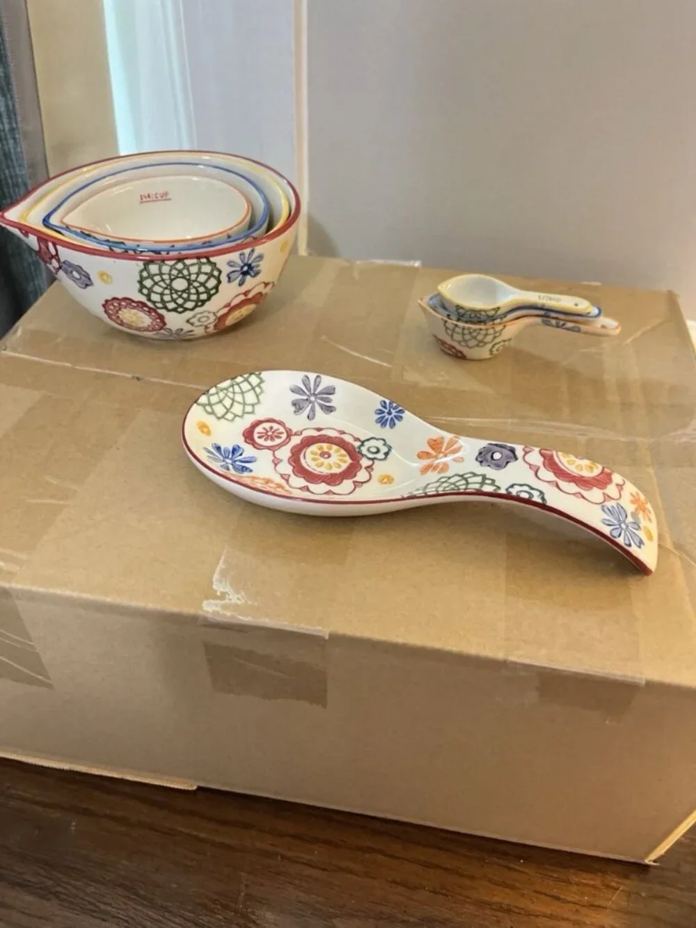 Pier 1 Hand Painted 8 Piece Kitchen Set Measuring Cups Spoons Spoon Rest Boho